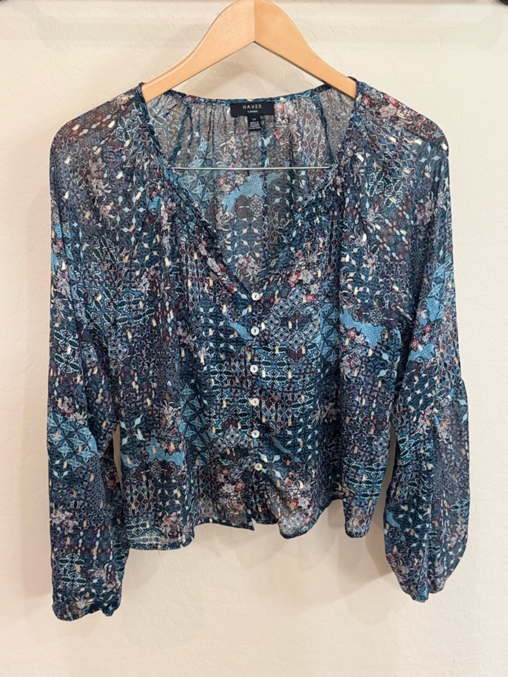 Haver London Long Sleeve Button Down Patchwork Blouse Worn 2 Ways Size Large
